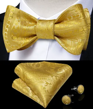 Yellow Paisley Self-Bowtie Pocket Square Cufflinks Set