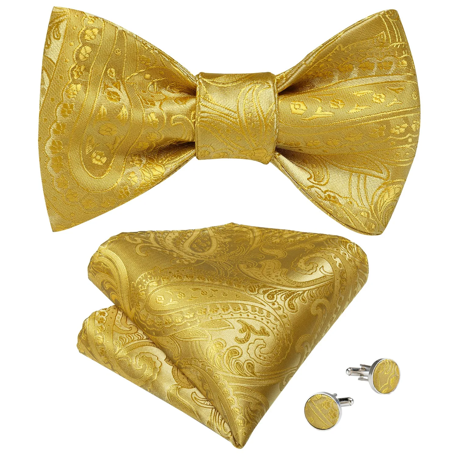 Yellow Paisley Self-Bowtie Pocket Square Cufflinks Set